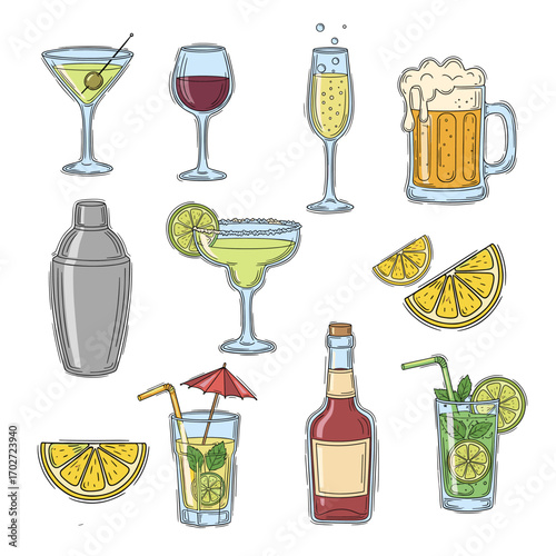 Set of  cocktail icons in hand drawn doodle style. Vector illustration with martini glass, wine glass, champagne flute, beer mug, cocktail shaker, margarita, mojito, straw drink, bottle, lemon slice