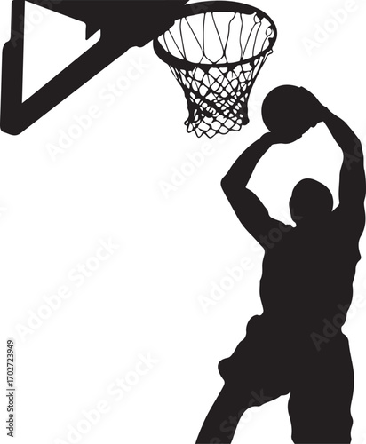 Black silhouette of a basketball player dunking a ball into a hoop vector