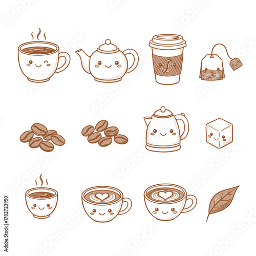 Set of  coffee and tea icons in hand drawn brown doodle style. Vector illustration with coffee mug, teapot, takeaway cup, coffee beans, tea bag, espresso cup, kettle, sugar cube, latte art, leaf.
