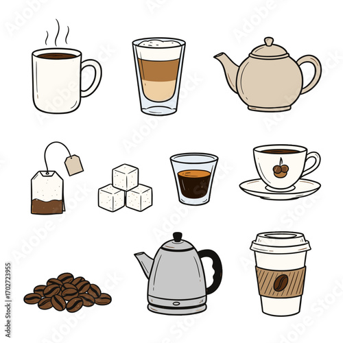 Set of  coffee and tea icons in hand drawn doodle style. Vector illustration with coffee cup, espresso, latte glass, teapot, teacup, tea bag, sugar cubes, coffee beans, kettle, takeaway