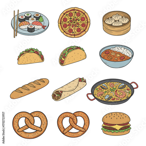 Set of  cultural food icons in hand drawn doodle style. Vector illustration with sushi, pizza, taco, curry bowl, dumpling, baguette, kebab, paella pan, pretzel, burger.