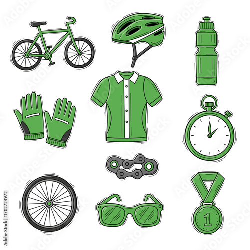 Set of  cycling icons in hand drawn green and black doodle style. Vector illustration with bicycle, helmet, water bottle, gloves, jersey, stopwatch, chain, wheel, sunglasses, medal