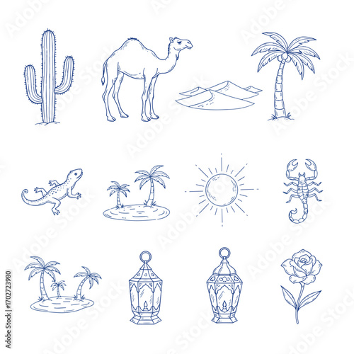 Set of  desert icons in hand drawn doodle style. Vector illustration with cactus, camel, sand dune, palm tree, scorpion, lizard, oasis, sun, lantern, desert flower.