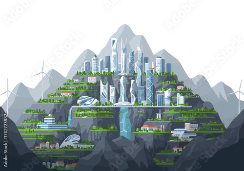 Futuristic Eco City on Mountainside.