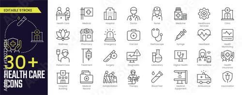 Health Care Stroke icon collections. Containing Medical, Hospital, Doctor, First Aid, Medicine, Healthcare Services, Heartbeat, and Patient Care icons. Editable Stroke icon collection Outline icon