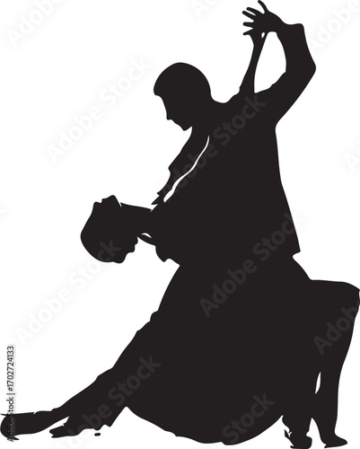 Black silhouette of a couple dancing a dramatic tango pose ballroom
