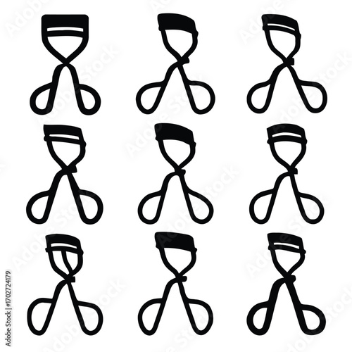 Nine minimalist black silhouette illustrations of common eyelash curlers. This essential beauty tool collection is perfect for cosmetic design and personal grooming concepts