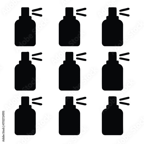 Collection of minimalist spray bottle icons, illustrating liquid dispensing for various applications, including household, personal care, and cosmetic product designs