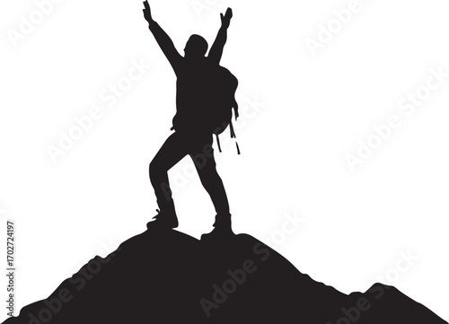 Black silhouette of a hiker with arms raised in triumph on a mountain peak summit