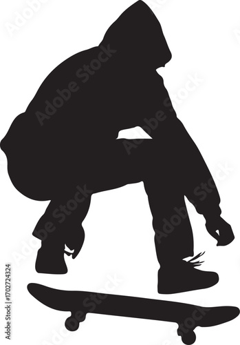 Black silhouette of a person in a hooded jacket performing a skateboard trick skateboarding action