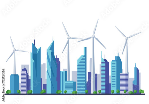 Modern Cityscape with Wind Turbines.