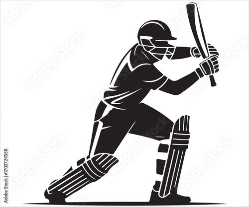 Black silhouette of cricket player batting isolated on white background, vector sports illustration symbolizing cricket match, athlete action, competition, championship, training, and professional gam