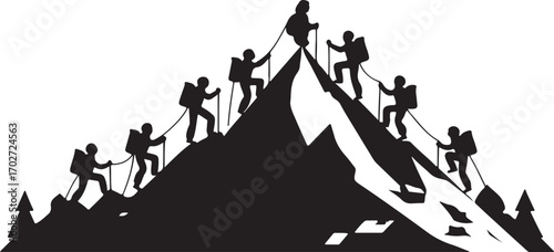 Black silhouette of climbers ascending a steep mountain peak with trees climbing ascent