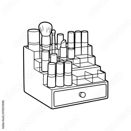Makeup brushes and cosmetics organized in a drawer with tubes and bottles on a clean surface 