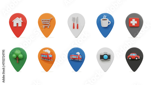 Colorful 3D icon set showing places - home, shopping, food, cafe, hospital, park, train, camera, car on white background
