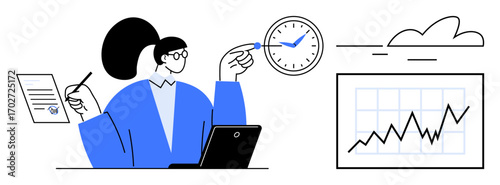 Woman with pen and paper tracking time and growth on a laptop, chart showing upward trend, and cloud icon. Ideal for productivity, strategy, organization, planning, time management, performance