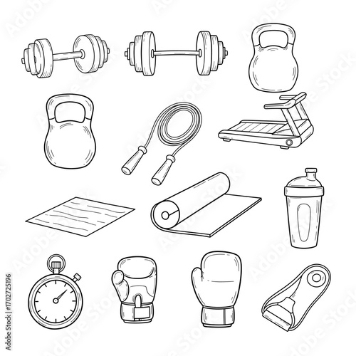 Set of  fitness icons in hand drawn doodle style. Vector illustration with dumbbell, barbell, kettlebell, treadmill, jump rope, yoga mat, protein shaker, stopwatch, boxing glove