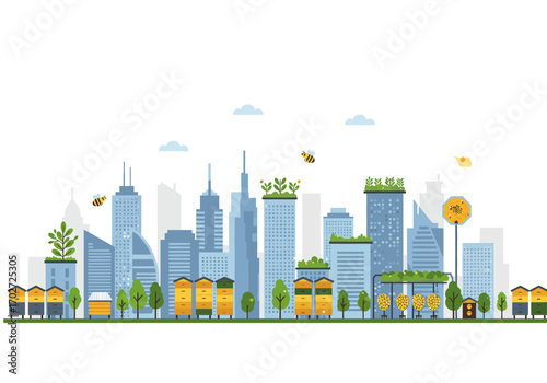 Urban Beekeeping: Cityscape with Honeybee Hives.