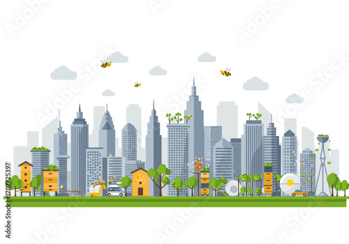 Modern City Skyline with Green Spaces.