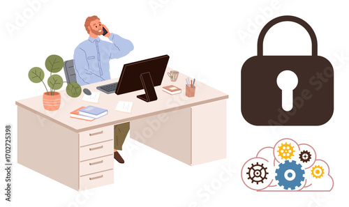Man at desk with computer, plant, papers, and coffee, representing data security and operations efficiency. Ideal for business, technology, IT, remote work cybersecurity privacy organization