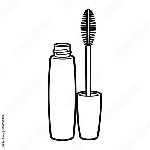 A tube of mascara lies open with its brush applicator standing upright on a clean surface.