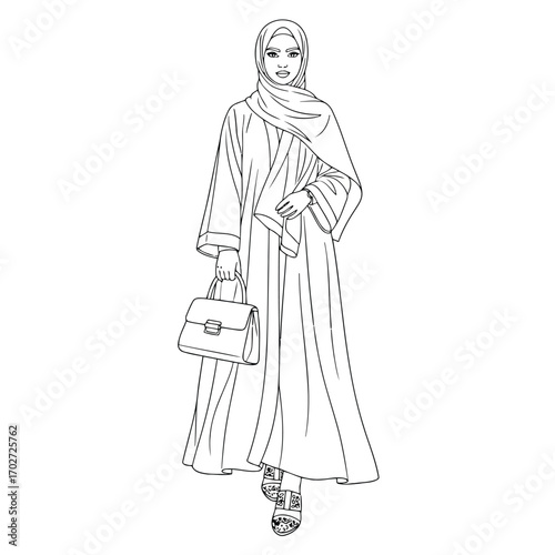 A woman wearing a hijab and abaya holds a handbag and poses in a stylish outfit.