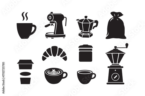 Coffee shop icons including espresso machine croissant and grinder