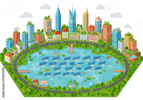 Eco-Friendly City with Floating Solar Panels.