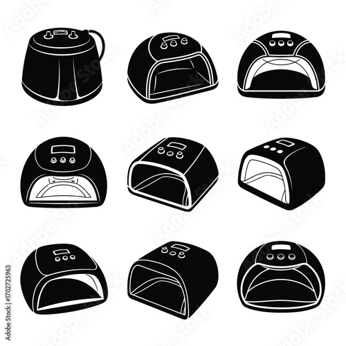 Nail dryer illustrations in various views for beauty salon use daily