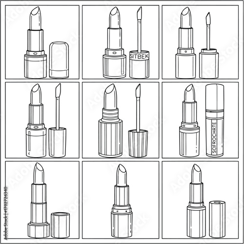 Illustrations of various lipsticks and lip liners are shown in multiple views