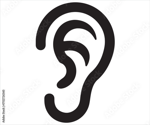 Black ear icon silhouette isolated on white, symbol of hearing and listening