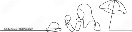 Woman eating ice-cream one continuous line art, One line art, Vector illustration