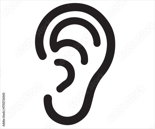 Black silhouette ear icon isolated on white background, simple human body part vector illustration symbolizing hearing, listening, sound, communication, health, medicine, audiology, and sensory organ