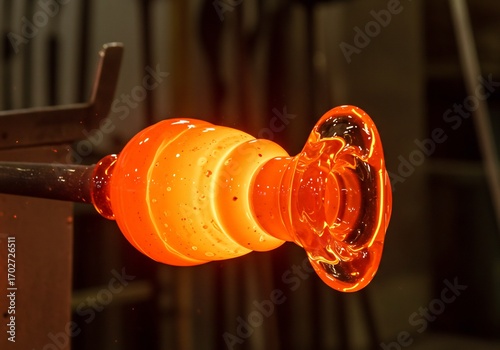 Vibrant hot molten glass being skillfully shaped during an intense traditional glassblowing process