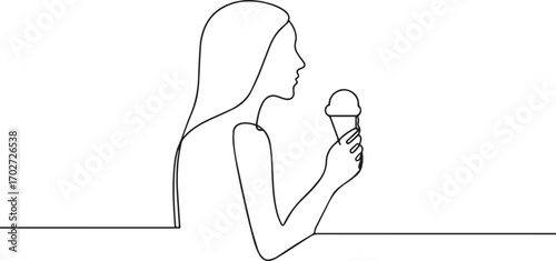 Woman eating ice-cream one continuous line art, One line art, Vector illustration
