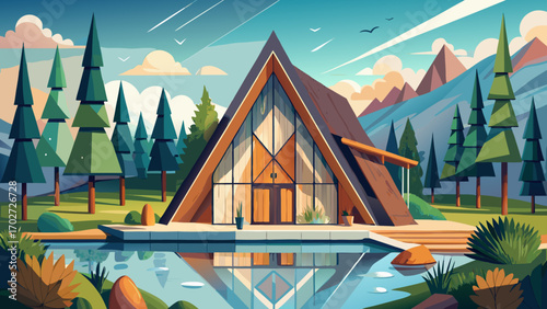 Contemporary A-frame cabin with sharp angles, glass front, and cedar siding, positioned beside a riverbank, harmonizing modern aesthetics with wilderness serenity.