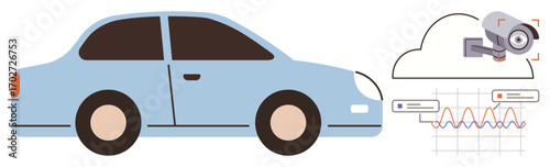 Blue car linked to cloud storage, surveillance camera, and data analytics graph. Ideal for traffic monitoring, fleet management, smart transportation, autonomous driving, vehicle security, IoT