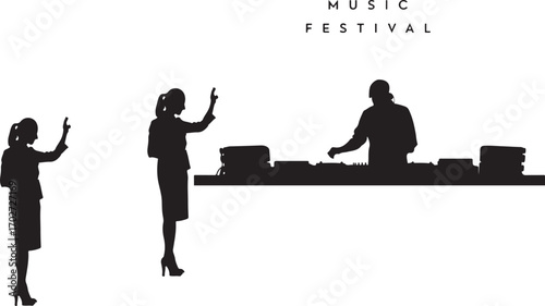 Black silhouette of people at a music festival with D J and crowd dj booth