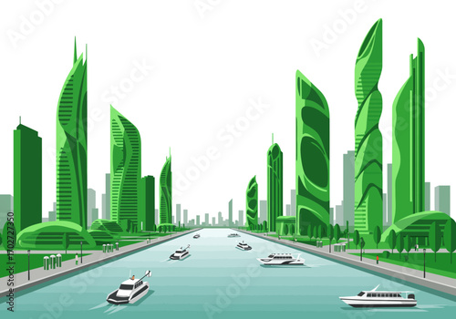Futuristic Green Cityscape with River.
