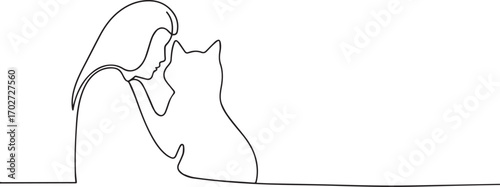 Woman holds cat one continuous line art, One line art, Vector illustration