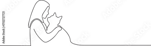 Woman holds cat one continuous line art, One line art, Vector illustration