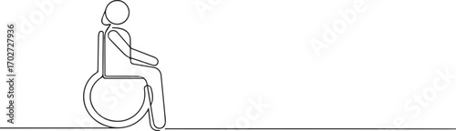 Woman on wheelchair one continuous line art, One line art, Vector illustration