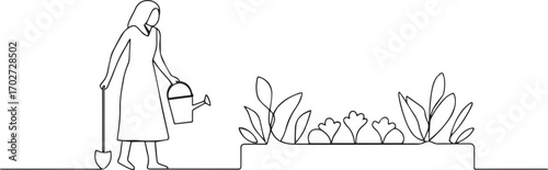 Woman gardening flower one continuous line art, One line art, Vector illustration