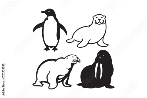 Four antarctic animals drawn in simple black and white outline style