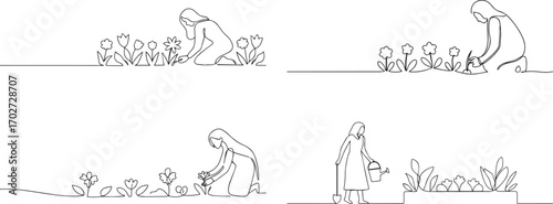 Set of Woman gardening flower one continuous line art, One line art, Vector illustration