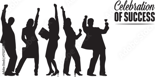Black silhouettes of business people celebrating success with raised arms and a toast celebration victory