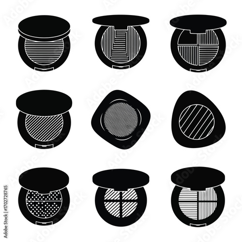 A collection of makeup compact icons in a black and white vector style for beauty products