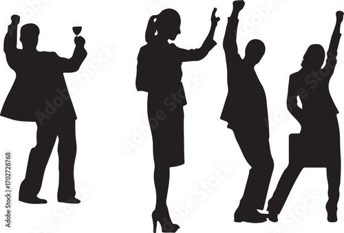 Four black silhouettes of people celebrating with raised arms and one holding a glass celebration success