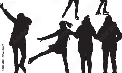 Black silhouettes of people ice skating and posing on white background winter sport