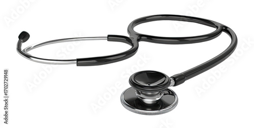 A medical stethoscope, dark gray/black,  in a studio shot.  Two earpieces & tubing